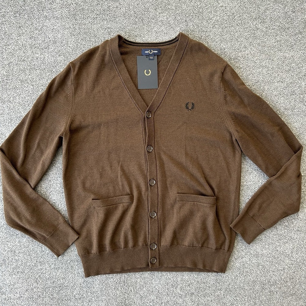 Fred Perry Sweater Men XXL Wool Cardigan Jumper Tobacco Cabin Button Pocket New